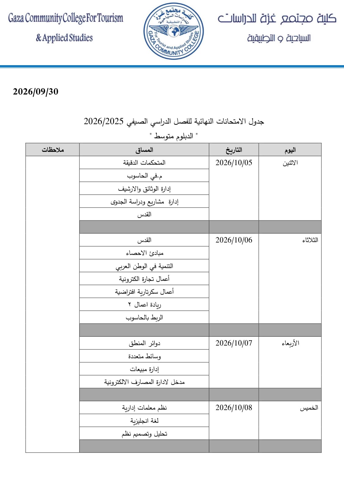 جدول الامتحانات النهائية للفصل الصيفي من العام الدراسي 2025/2026 "